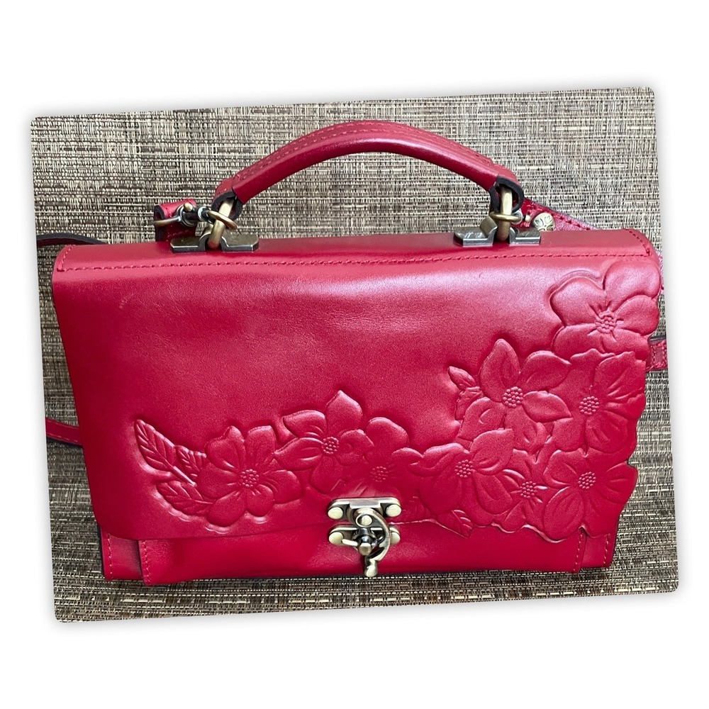 Patricia Nash Berry Red Italian‎ Leather Charonne Tooled Handbag Crossbody